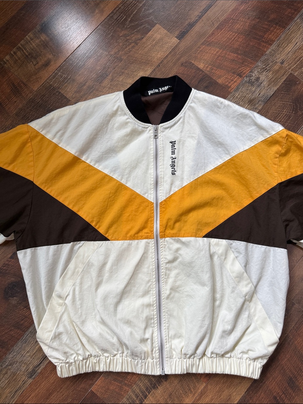 Palm Angels Colorblock Bomber Jacket Cream Yellow Brown Size 50 Large